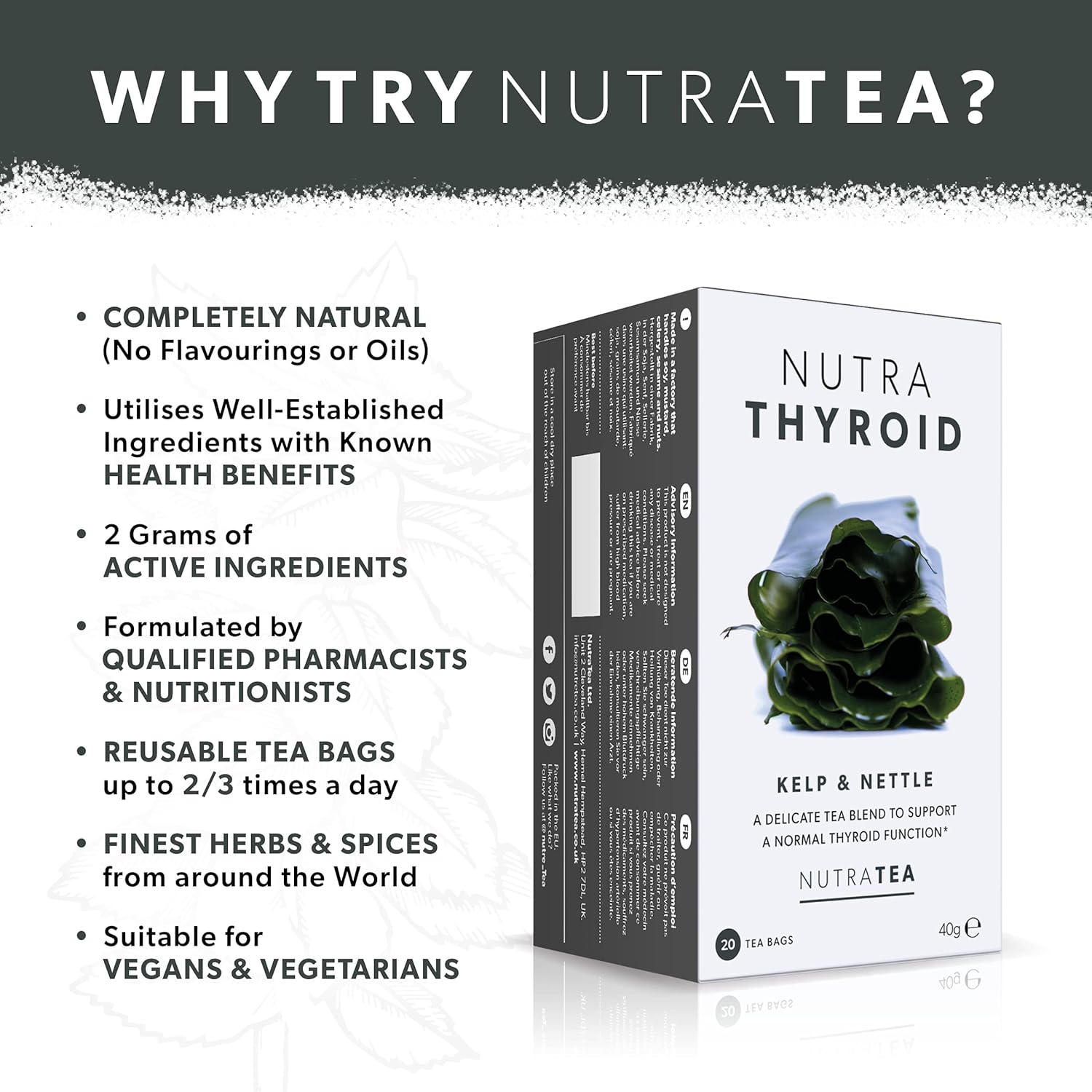 Thyroid Health Tea with Kelp, Bladderwrack & Ashwagandha - Metabolism Support - 20 Tea Bags - Nutra Tea
