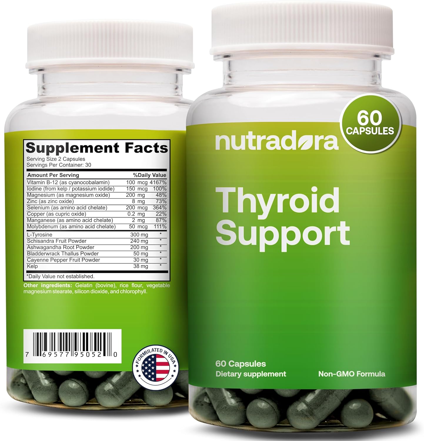 Thyroid Support Supplement for Women and Men - Iodine, Vitamin B12, Ashwagandha, Selenium, Zinc - 60 Capsules, GMP Certified, USA Made
