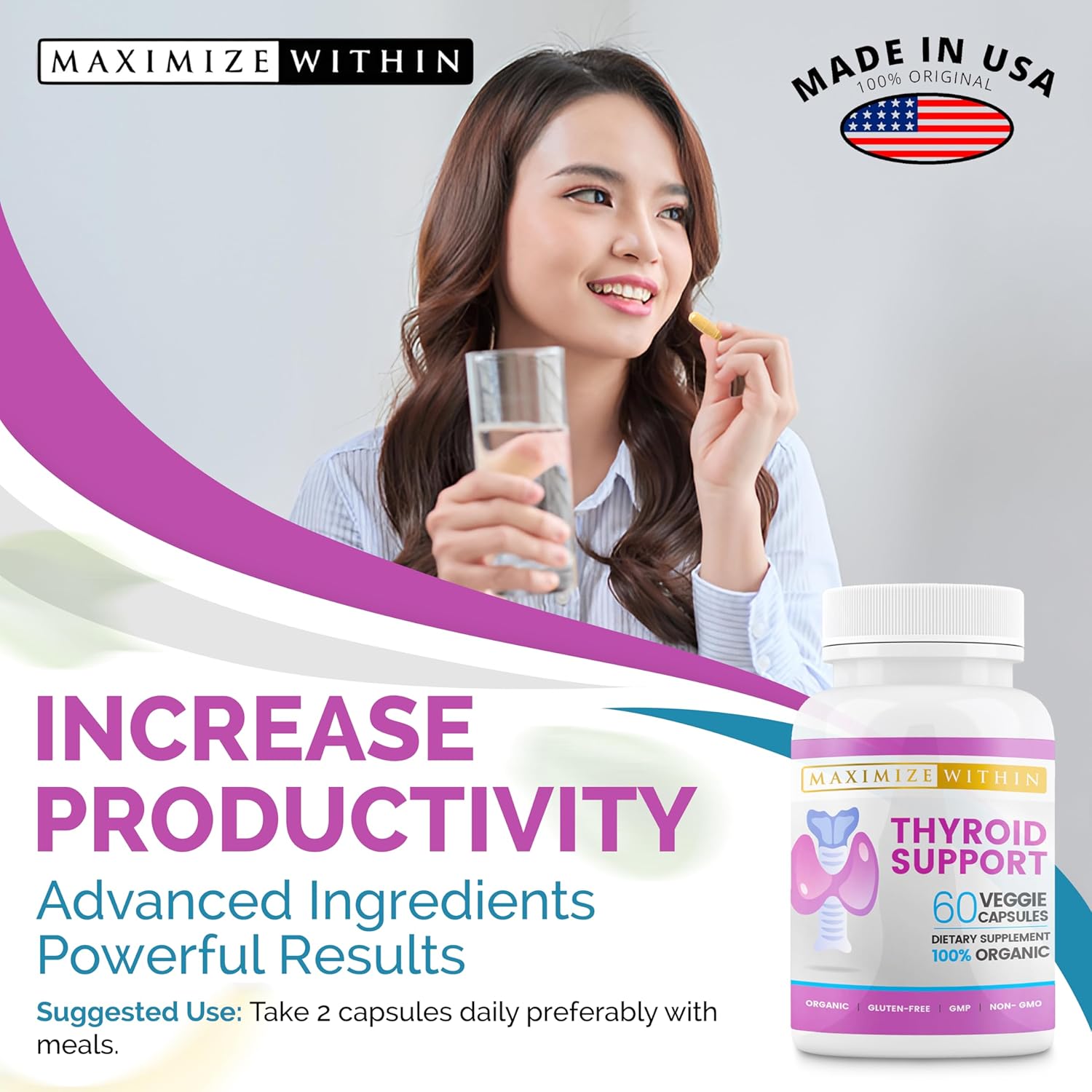 Thyroid Support Supplement for Women & Men - Boost Energy, Clarity, Focus - Ashwagandha, Iodine, Zinc, Kelp, Vitamin B12 - 60 Capsules