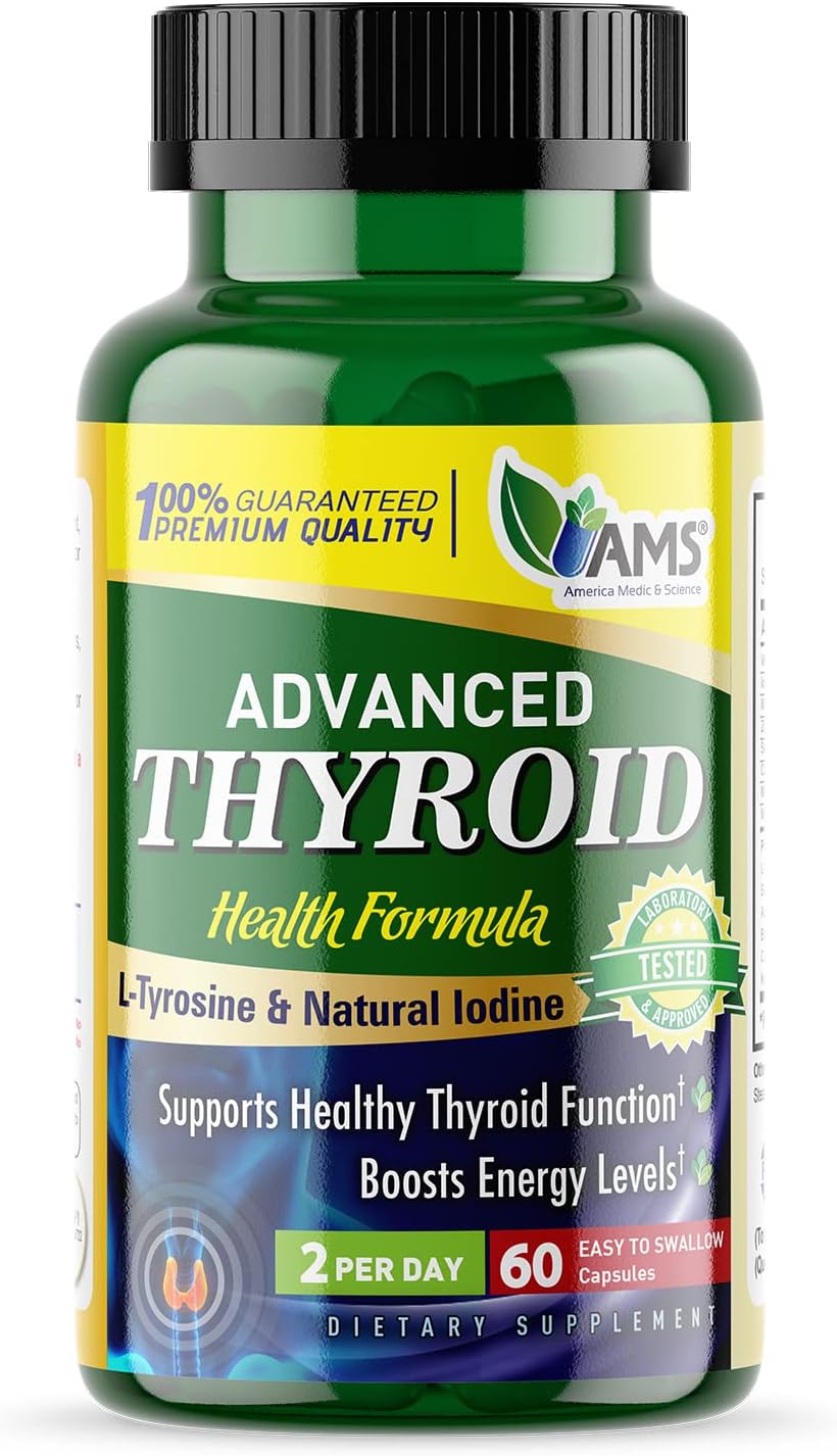 Thyroid Support Supplement with Ashwagandha, Iodine, and Selenium for Mood and Energy - 60 Capsules for Men and Women by America Medic & Science