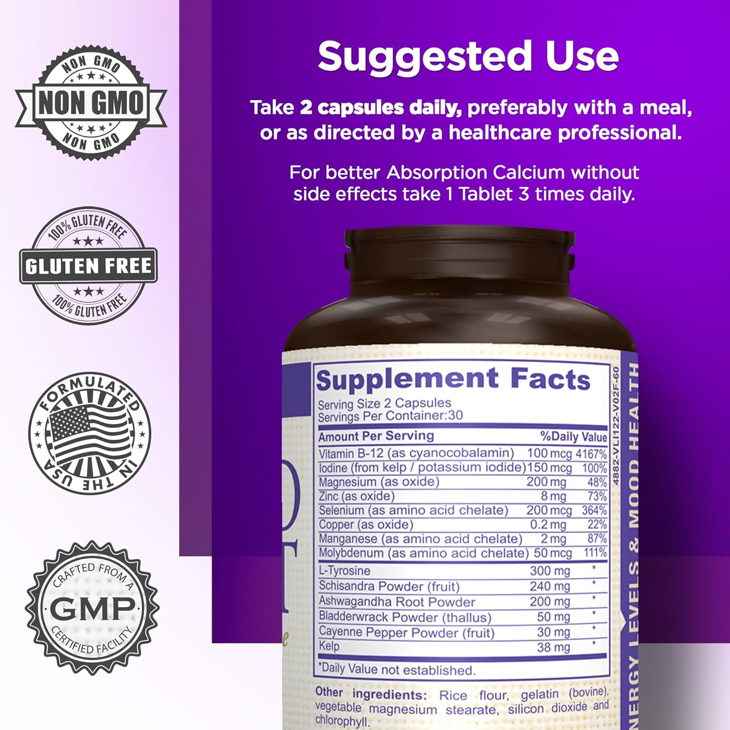 Thyroid Support Supplement with Iodine, Vitamin B12 & Essential Nutrients for Metabolism & Energy - 60 Capsules for Cognitive Health & Wellness
