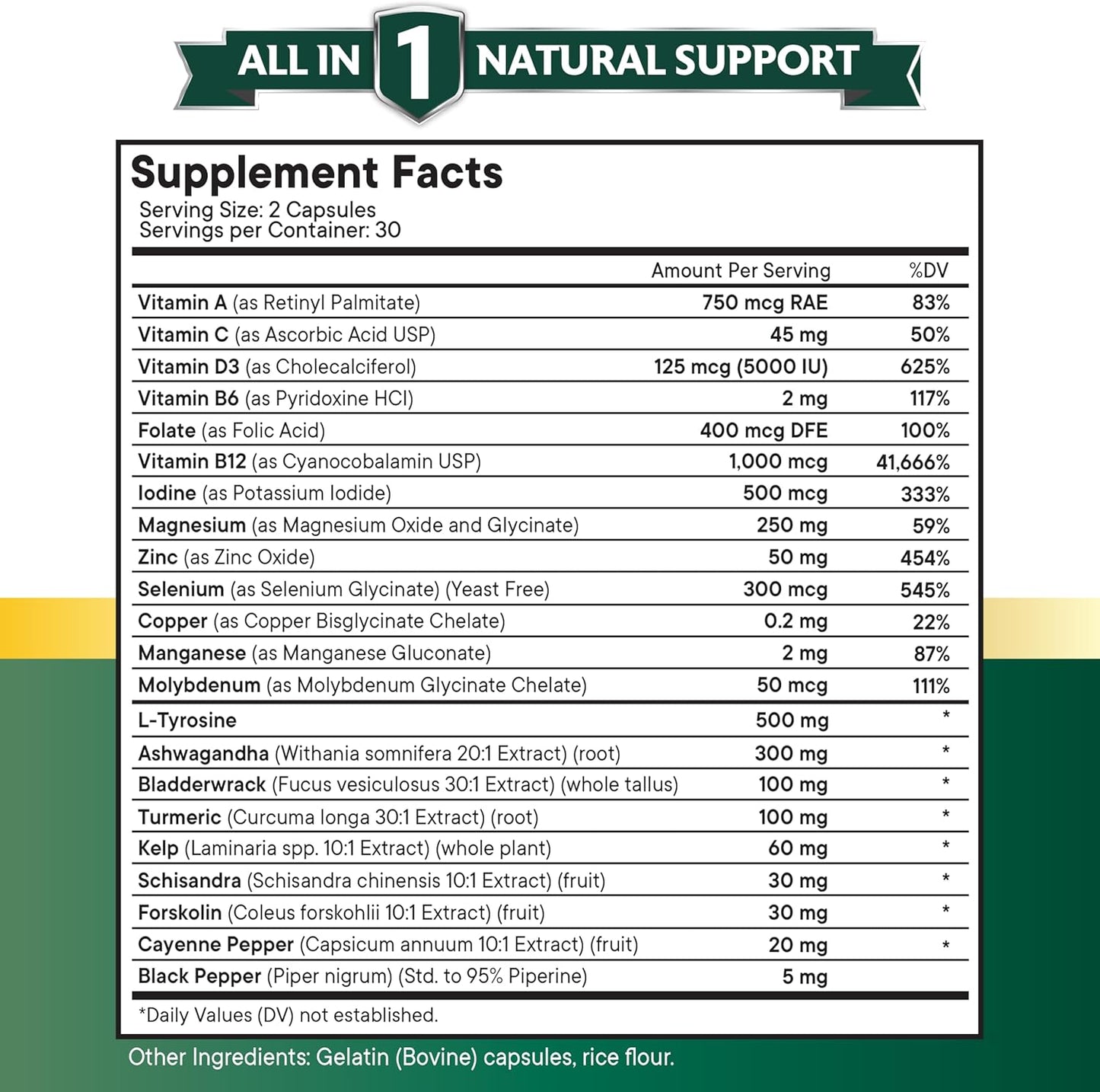 Thyroid Support Supplement with Selenium, Zinc, Iodine, L Tyrosine, Ashwagandha, Bladderwrack, Turmeric, Silica Kelp, Schisandra - 60 Count
