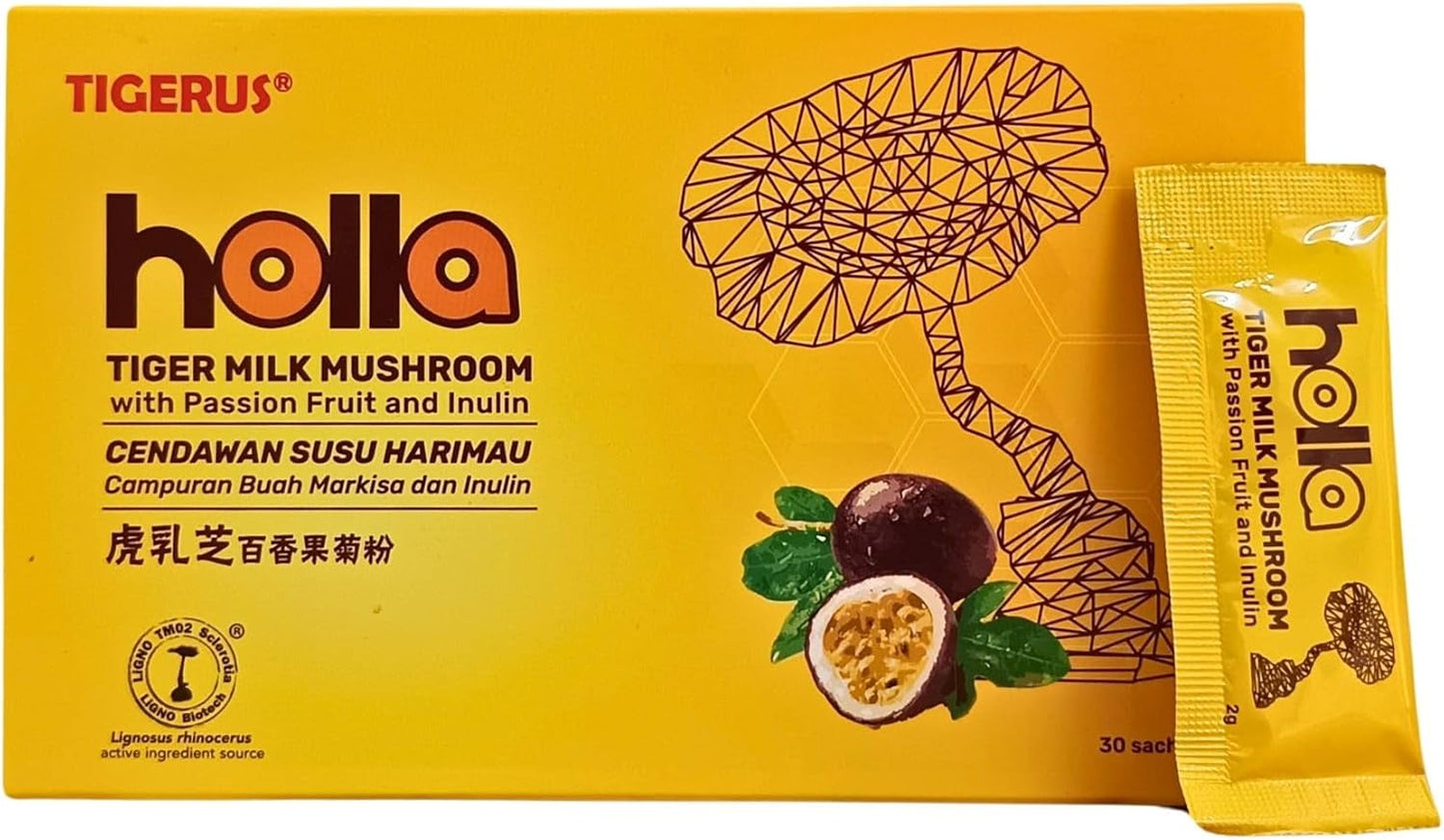 TIGERUS® Holla Tiger Milk Mushroom with Passion Fruit and Inulin - Immune Support, Digestive Health, Antioxidant Boost - 30 Sachets for Natural Wellness
