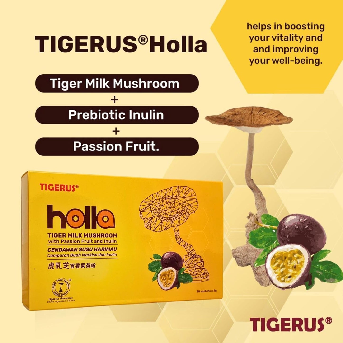 TIGERUS® Holla Tiger Milk Mushroom with Passion Fruit and Inulin - Immune Support, Digestive Health, Antioxidant Boost - 30 Sachets for Natural Wellness