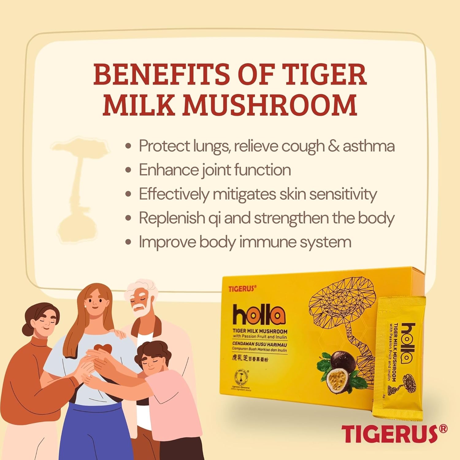 TIGERUS® Holla Tiger Milk Mushroom with Passion Fruit and Inulin - Immune Support, Digestive Health, Antioxidant Boost - 30 Sachets for Natural Wellness