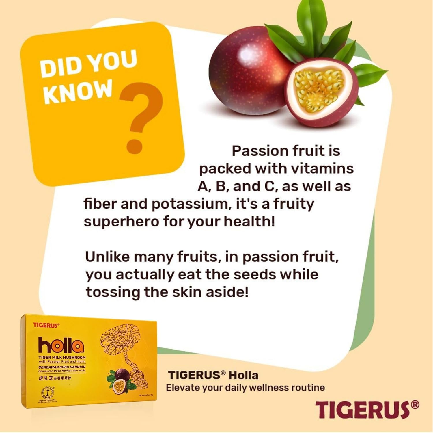 TIGERUS® Holla Tiger Milk Mushroom with Passion Fruit and Inulin - Immune Support, Digestive Health, Antioxidant Boost - 30 Sachets for Natural Wellness