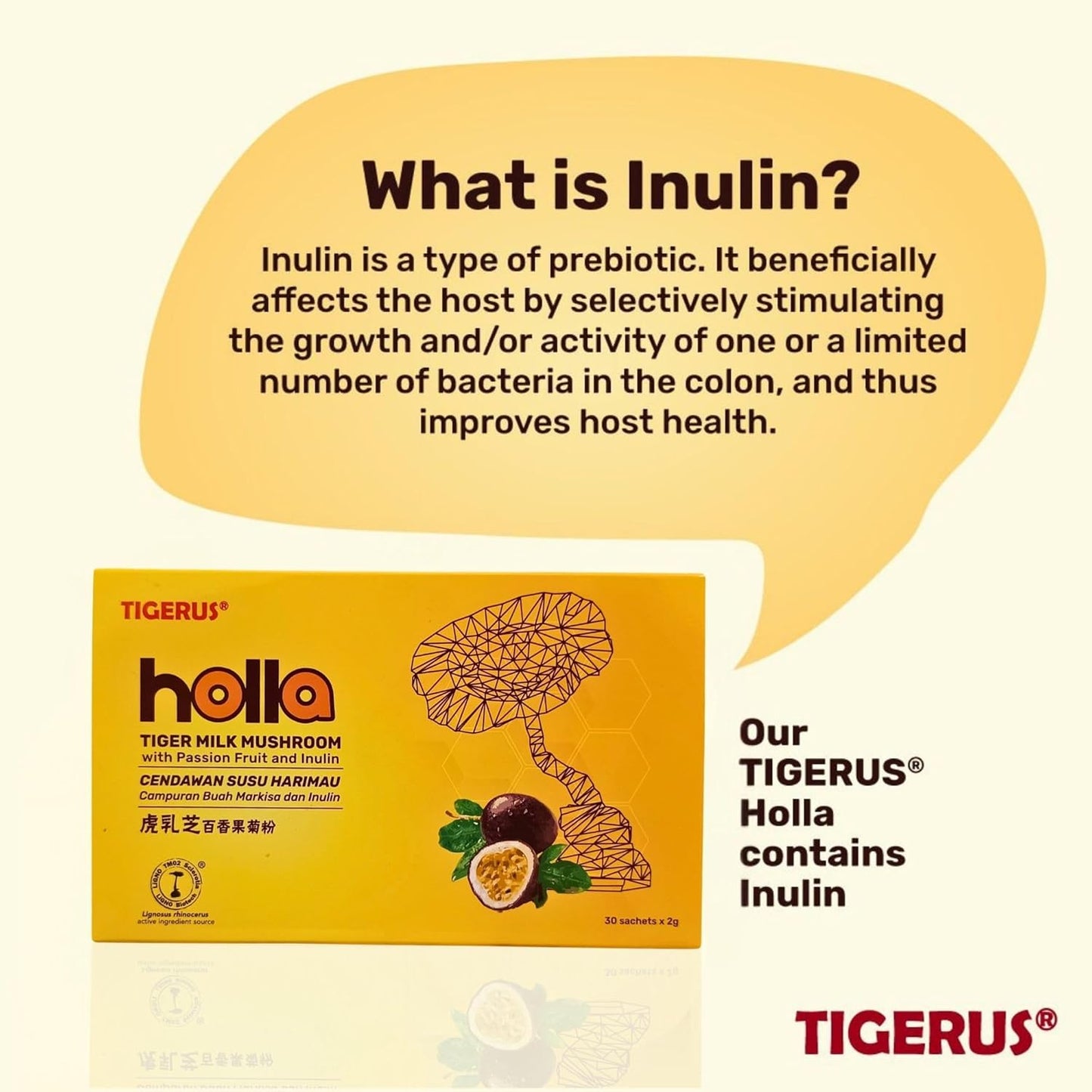 TIGERUS® Holla Tiger Milk Mushroom with Passion Fruit and Inulin - Immune Support, Digestive Health, Antioxidant Boost - 30 Sachets for Natural Wellness