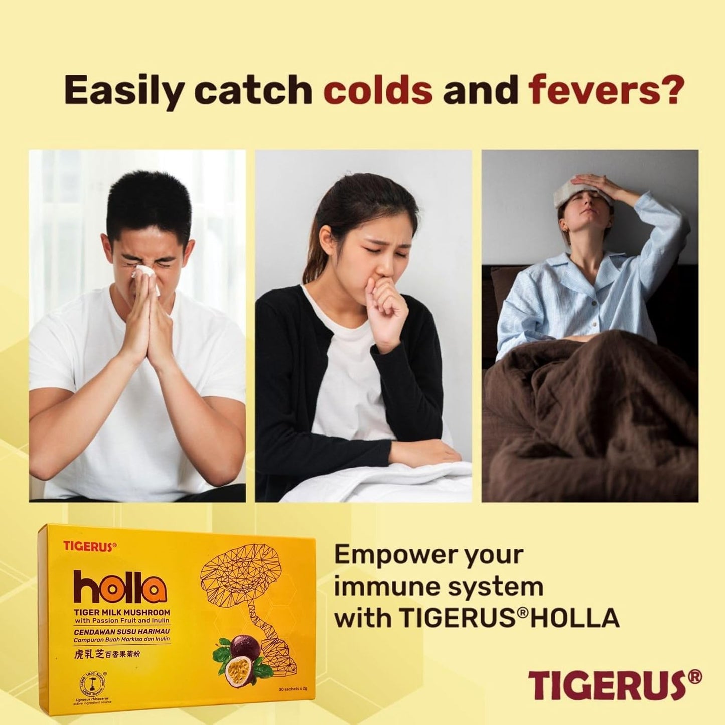 TIGERUS® Holla Tiger Milk Mushroom with Passion Fruit and Inulin - Immune Support, Digestive Health, Antioxidant Boost - 30 Sachets for Natural Wellness