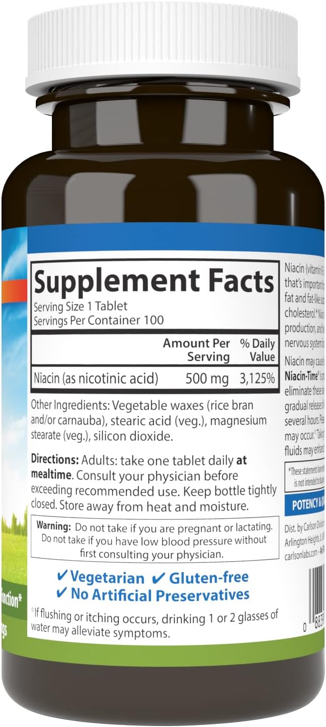 Time-Released Carlson Niacin-Time 500 mg Vitamin B-3 Tablets - 100 Count