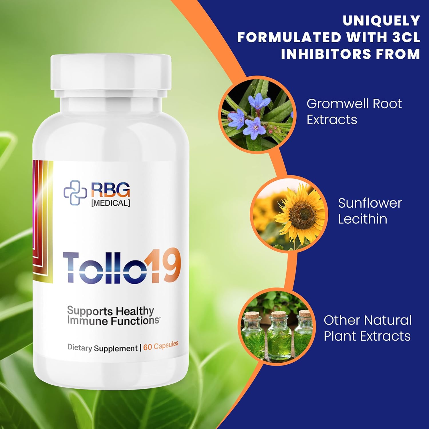 Tollo19 Immune Support Supplement with 3CLpro Inhibitors - Natural Blend of Gromwell Root Extracts & Sunflower Lecithin - 60 caps