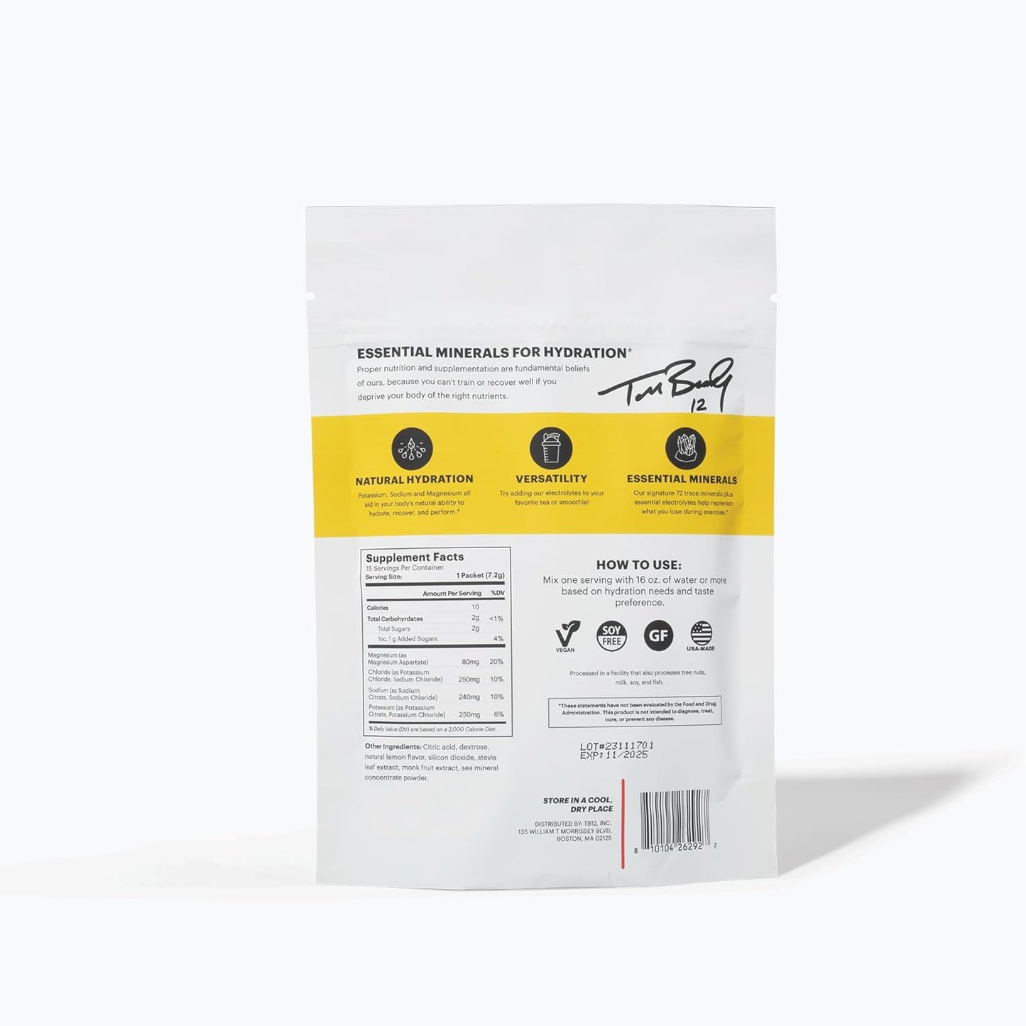 Tom Brady Lemonade Flavored Electrolyte Supplement Powder - 15 Stickpacks, Vegan, Low Sugar & Calorie, Non-GMO, Gluten-Free