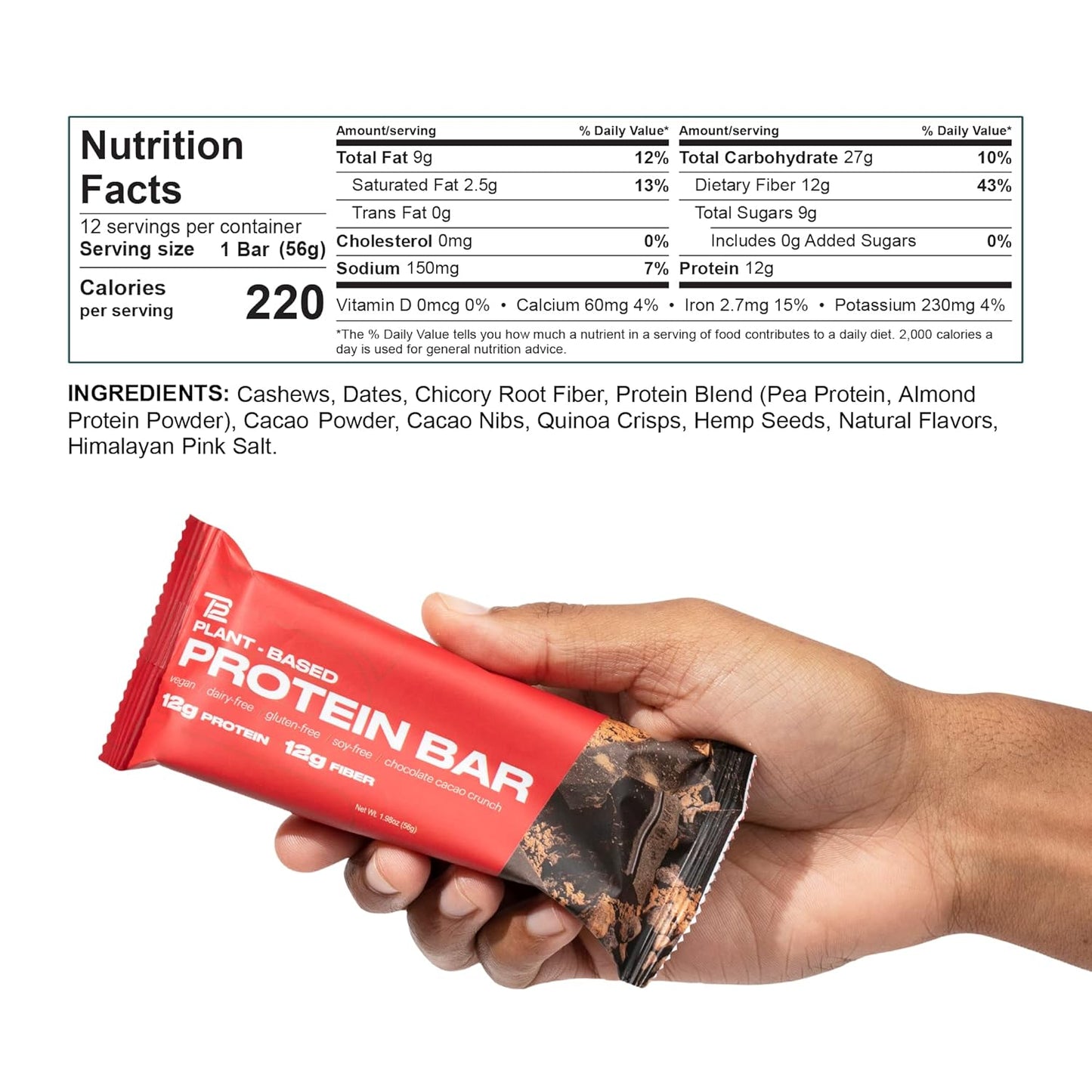 Tom Brady's TB12 Chocolate Cacao Crunch Plant Based Protein Bars | Vegan, Gluten Free, Dairy Free, Non GMO Snacks with High Protein, Fiber, and Antioxidants