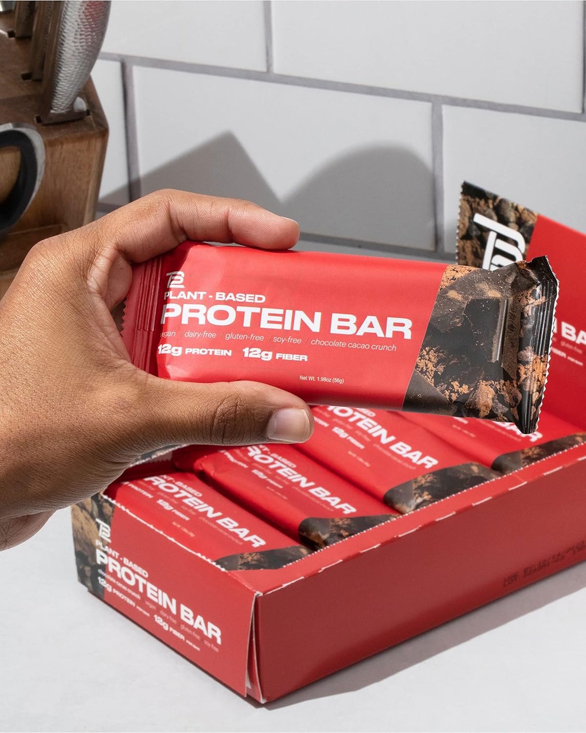 Tom Brady's TB12 Chocolate Cacao Crunch Plant Based Protein Bars | Vegan, Gluten Free, Dairy Free, Non GMO Snacks with High Protein, Fiber, and Antioxidants