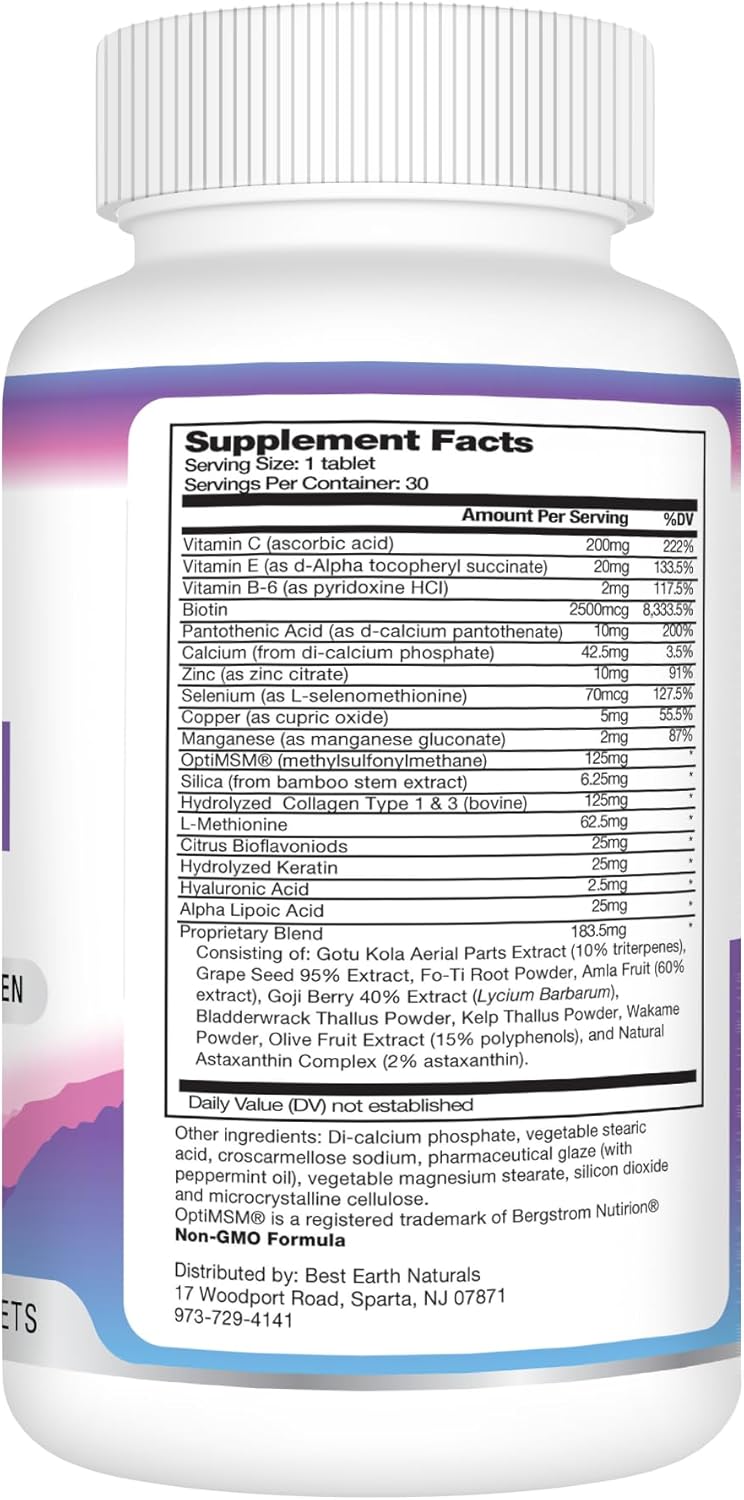 Top Rated Natural Hair, Skin, and Nails Supplement with Biotin, Collagen, Vitamins for Healthy Hair, Glowing Skin, Strong Nails