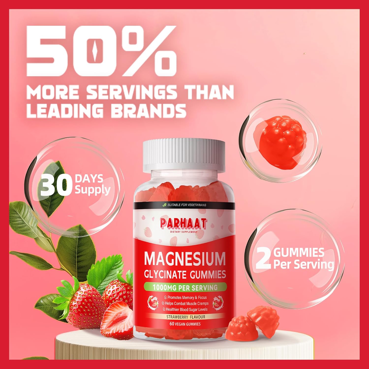 Top-Rated Sugar Free Magnesium Gummies with Potassium, Vitamin D, B6, CoQ10 for Relaxation & Sleep - 60 Strawberry Chews