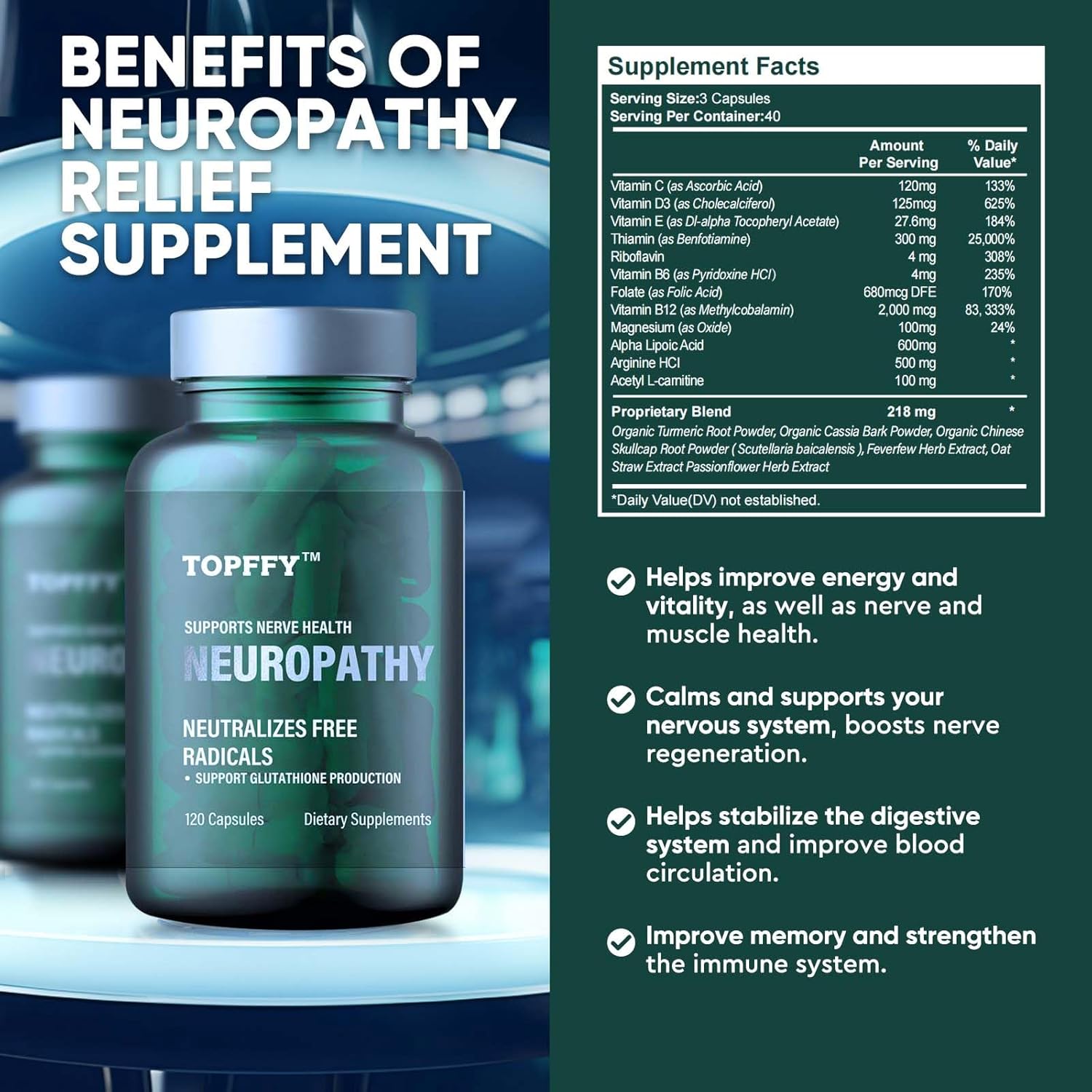 Topffy Neuropathy Nutritional Blend with Alpha Lipoic Acid & Benfotiamine - Natural Relief for Nerve Discomfort in Feet, Hands, and Legs