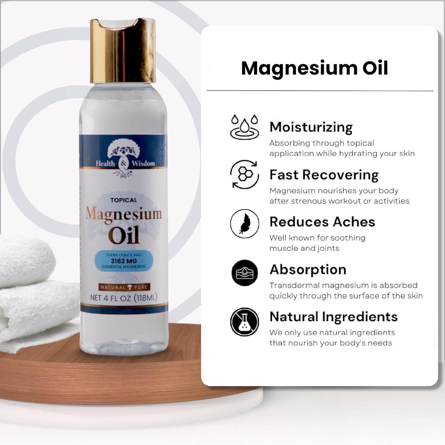 Topical Magnesium Oil - Pure Magnesium for Feet, Bath, Massage - 4 Fl Oz