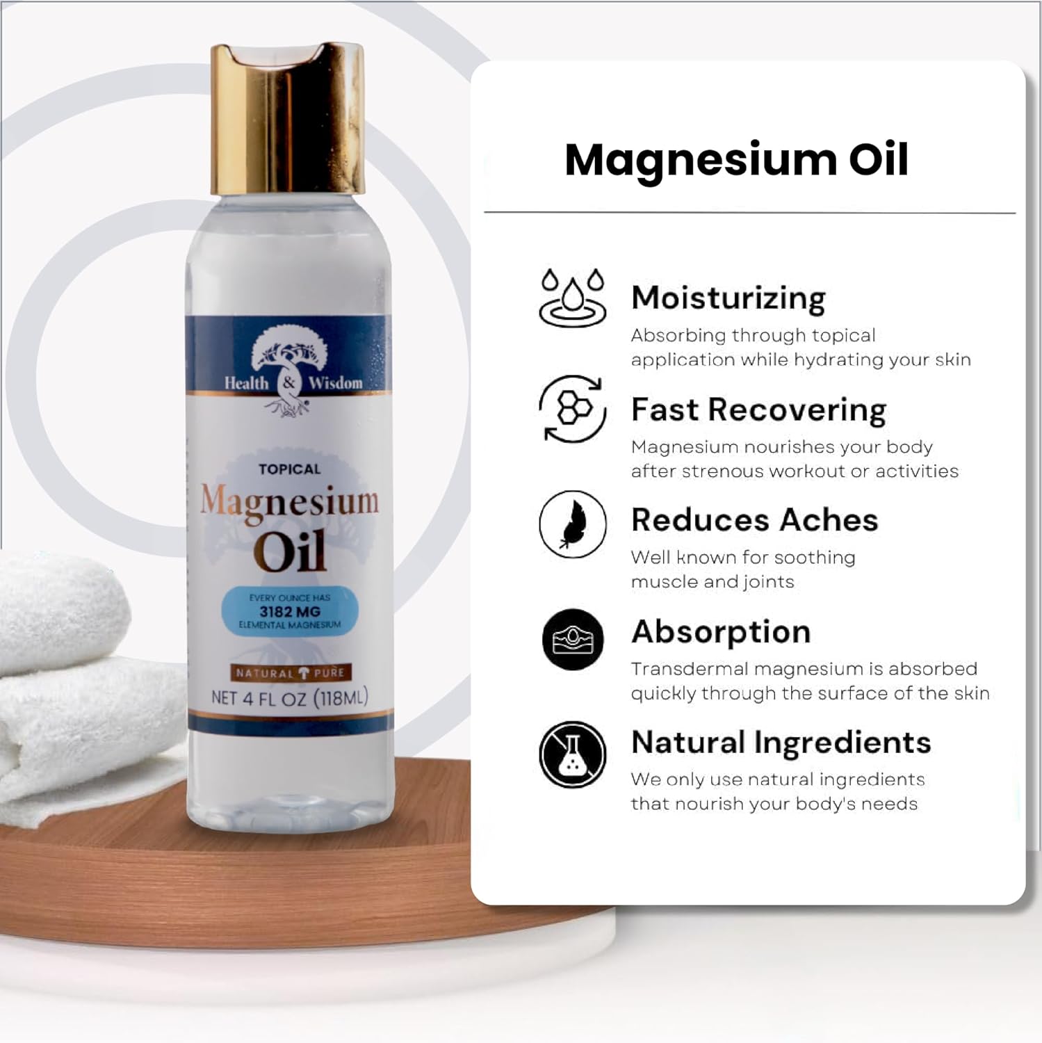 Topical Magnesium Oil - Pure Magnesium for Feet, Bath, Massage - 4 Fl Oz