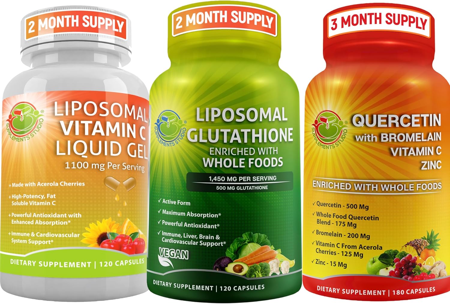 Total Immune Support Bundle: Liposomal Glutathione, Vitamin C, Quercetin with Bromelain, Zinc - Antioxidant Supplements