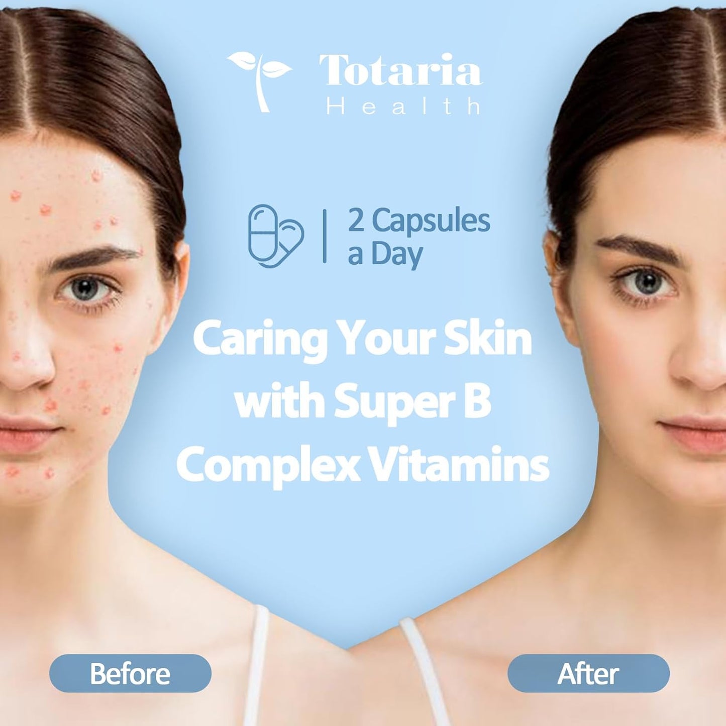 Totaria 13-in-1 Vitamin B Complex Plus with B1, B2, B3, B4, B5, B6, B7, B8, B9, B12, C, D3, K2 - 120 Caps/Bottle - 2 Bottles