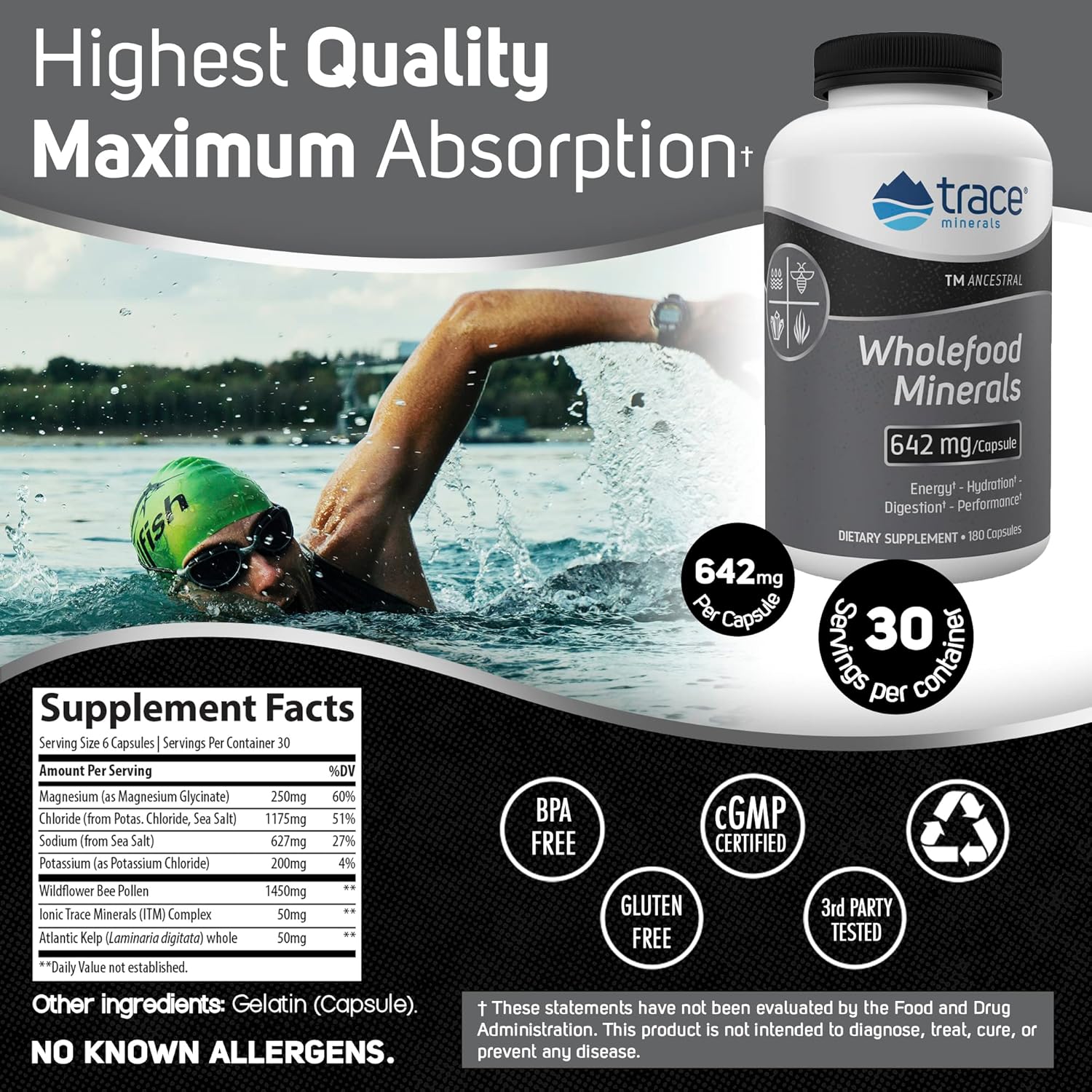 Trace Minerals Wholefood Supplement for Body & Brain Health - Wildflower Bee Pollen & Atlantic Kelp - Supports Nerve Function & Digestive Health - 180 Capsules