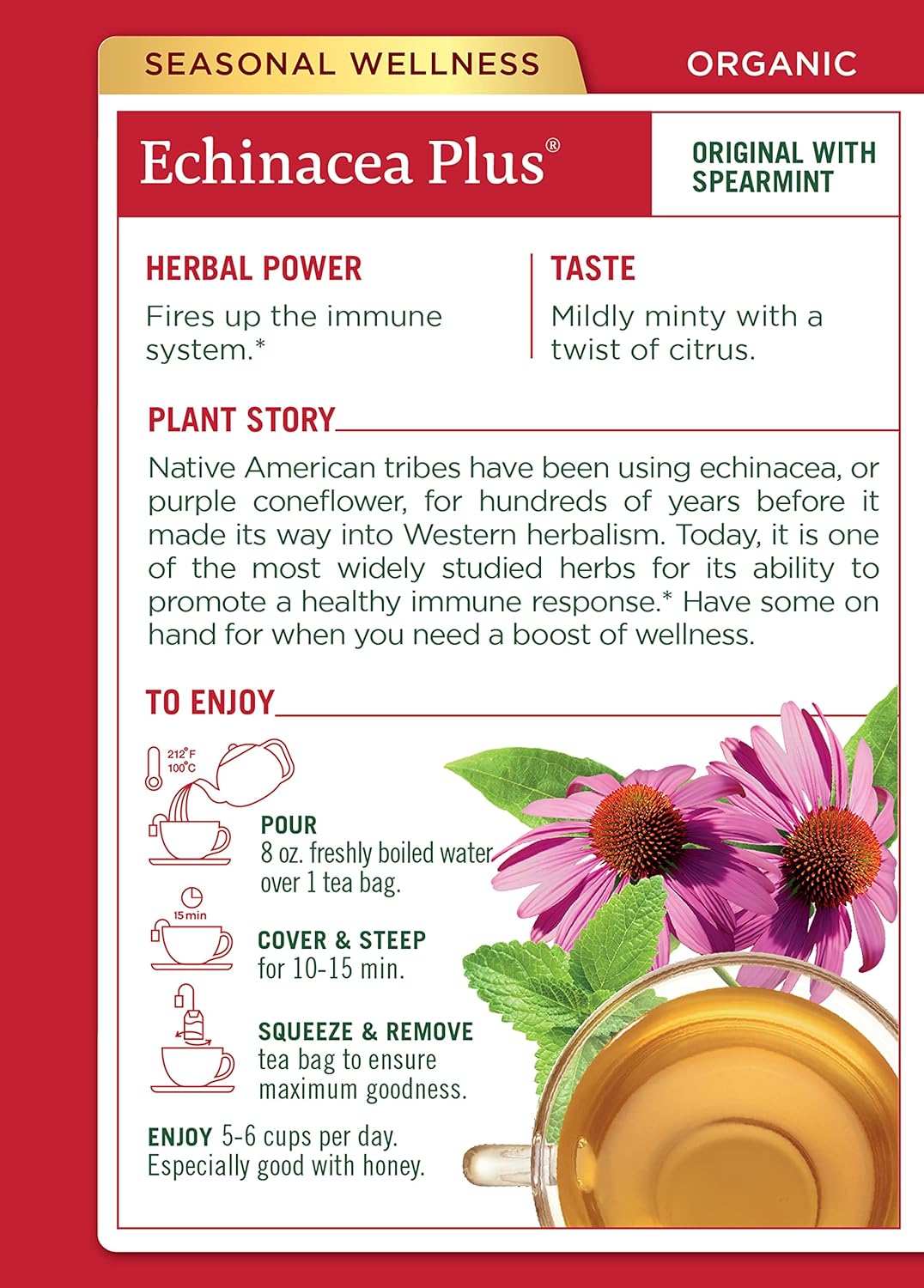 Traditional Medicinals Organic Echinacea Plus Herbal Tea with Spearmint, Supports Immune System, 16 Tea Bags