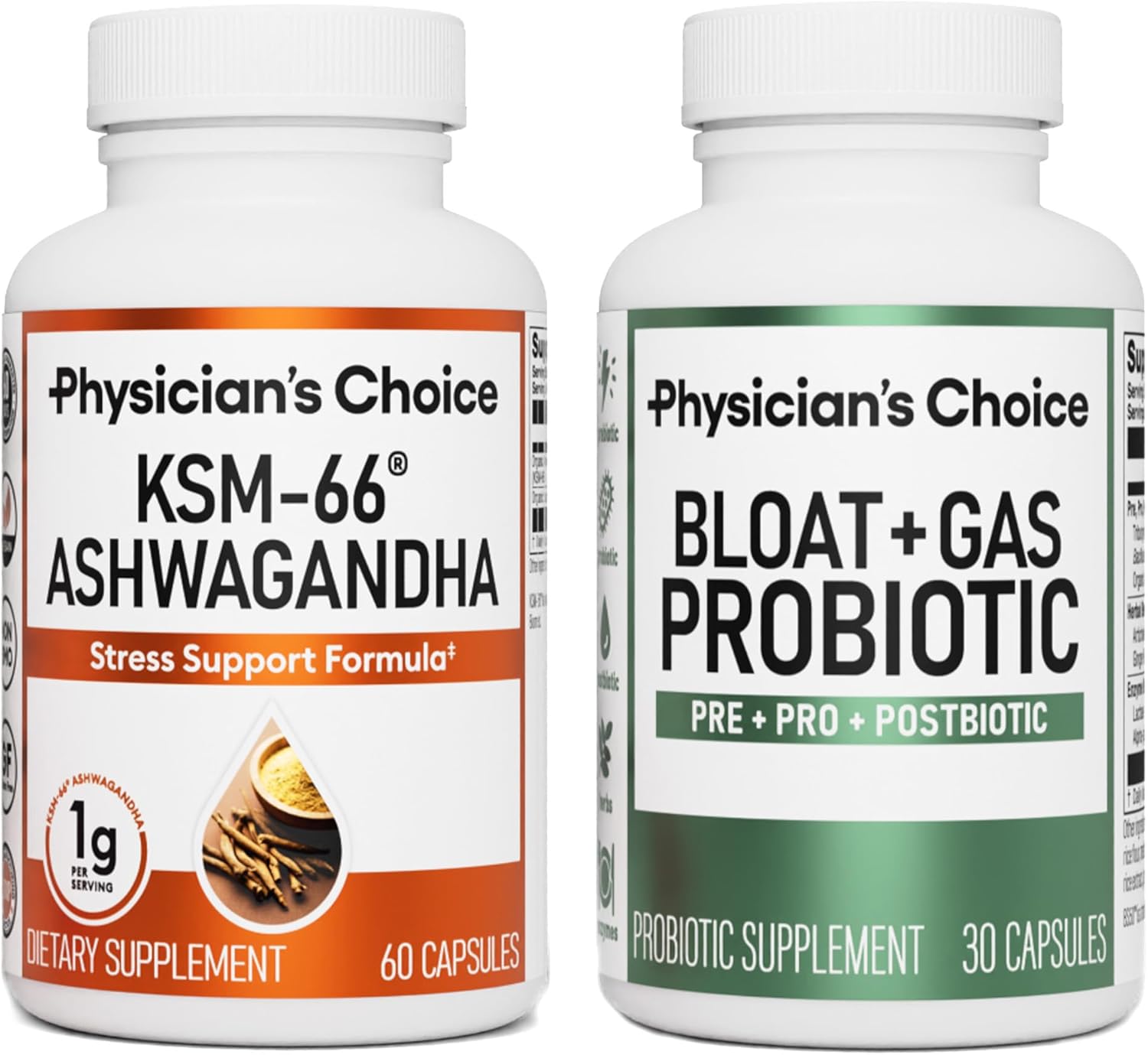 Tranquil Tummy Bundle: Physician's CHOICE Bloat & Gas Probiotic with KSM-66 Ashwagandha - 30ct + 60ct