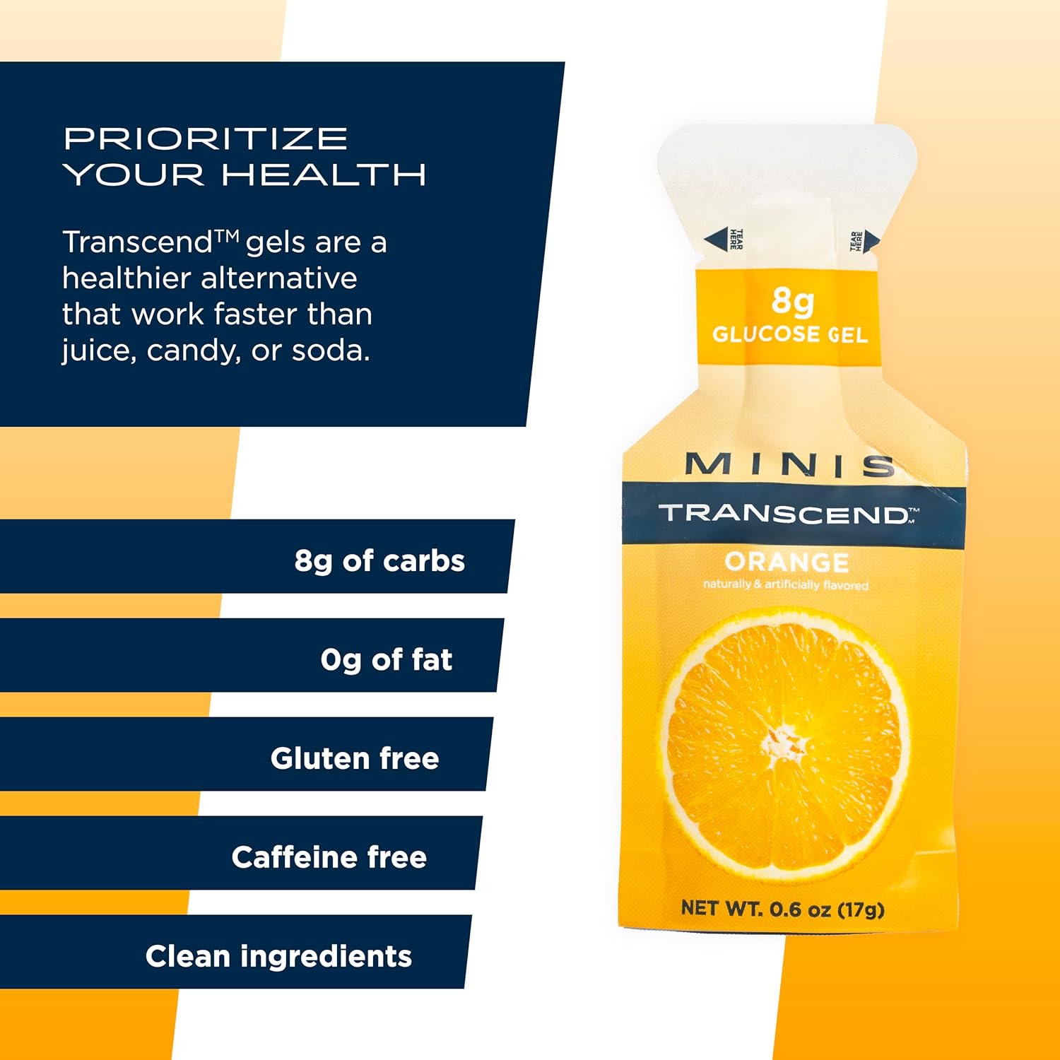Transcend Foods Mini Orange Gel (.6 oz, Pack of 12) - Fast-acting Carb Gel in Orange Flavor - Travel Size, Caffeine & Gluten Free - BoostGo Australia