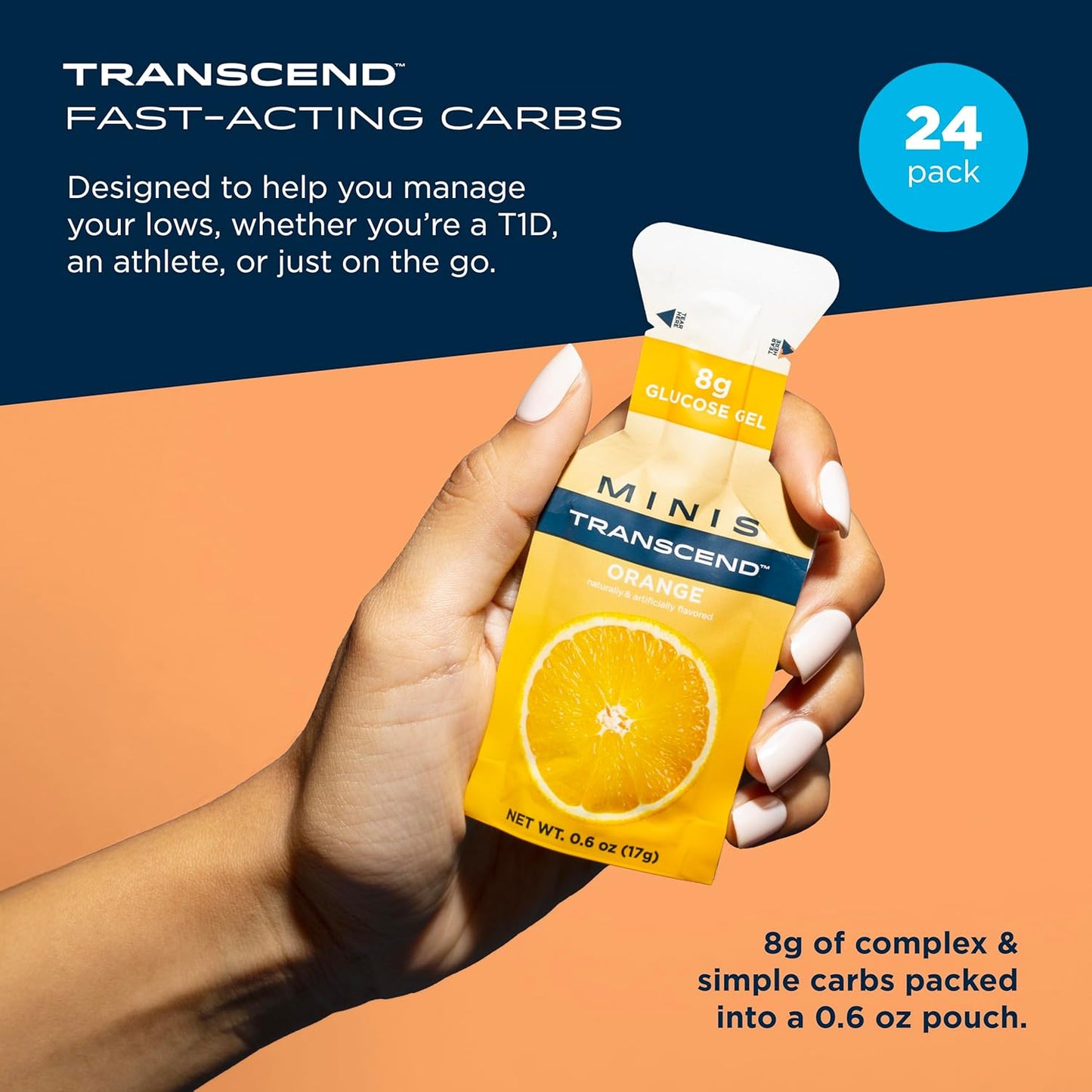 Transcend Foods Mini Orange Gel Pack - 0.6 oz, 24 Pack - Fast-acting Carb Gel, Orange Flavor - Travel Size, Caffeine & Gluten Free - BoostGo Australia