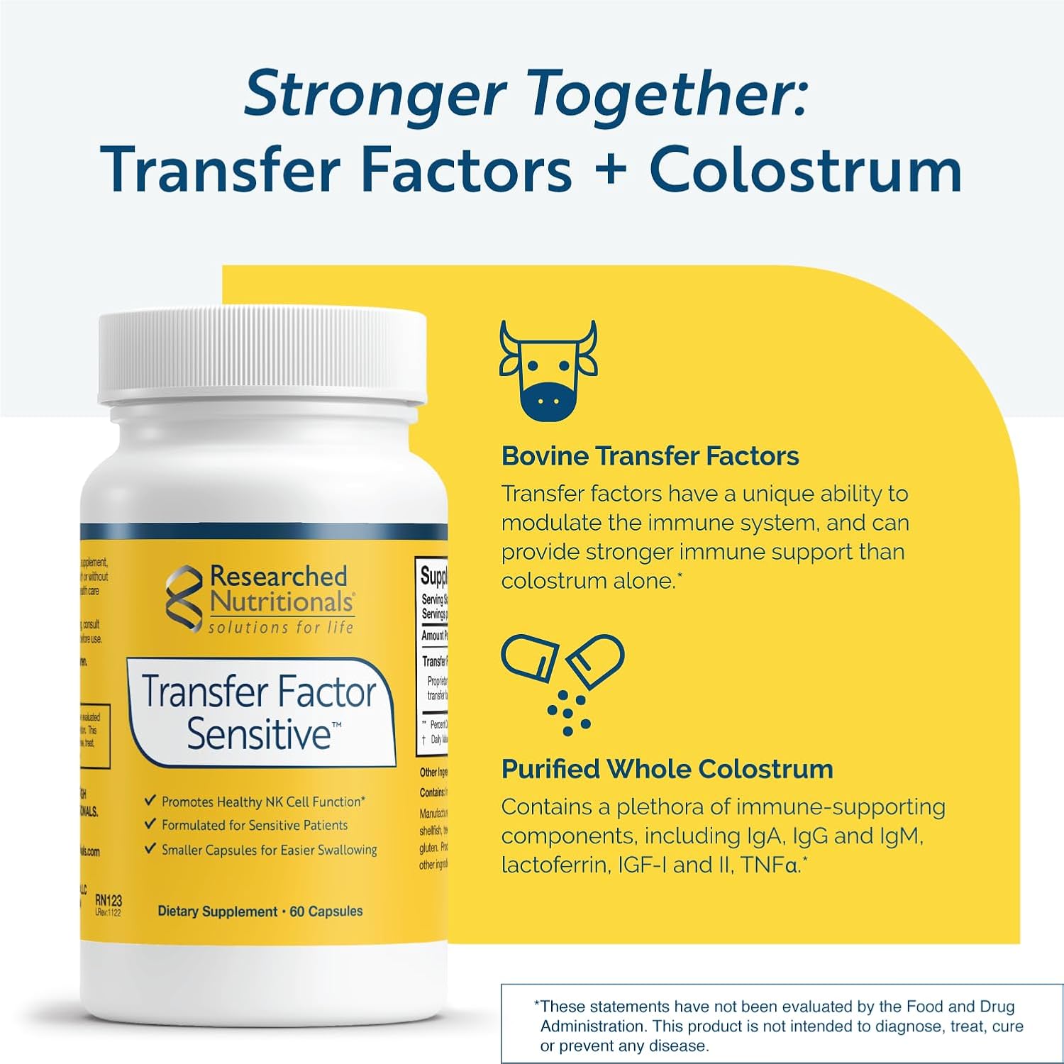 Transfer Factor Sensitive Capsules - Supports Immune Health with Bovine Derived Transfer Factors & Colostrum (60 Caps)