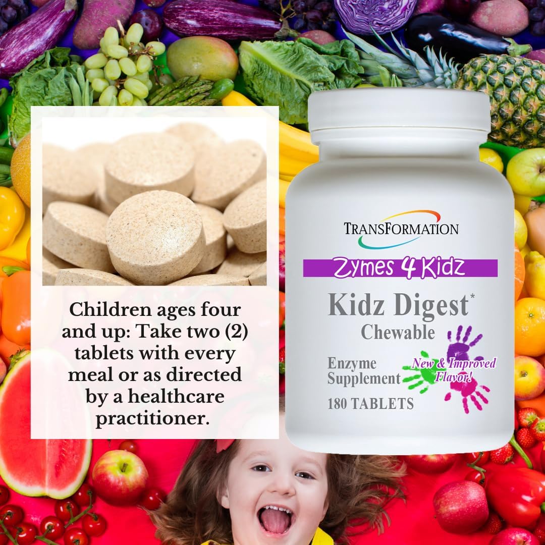 Transformation Enzymes Kidz Digestive Enzyme Supplement Chewable - 180 Tablets for Healthy Digestion & Elimination