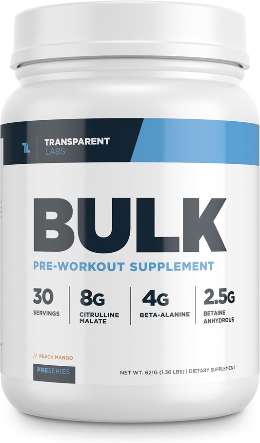 Transparent Labs Bulk Pre Workout Powder - Peach Mango Flavor - 30 Servings - Advanced Muscle Building Formula