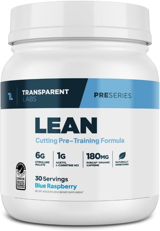Transparent Labs Lean Pre-Workout - Body Recomposition Fuel for Men and Women with Acetyl L-Carnitine & Beta Alanine - 30 Servings, Blue Raspberry Flavor
