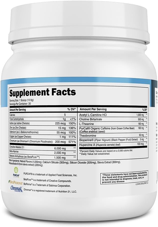 Transparent Labs Lean Pre-Workout - Body Recomposition Fuel for Men and Women with Acetyl L-Carnitine & Beta Alanine - 30 Servings, Blue Raspberry Flavor