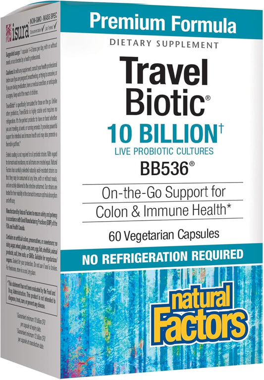 TravelBiotic Probiotic Supplement - 10 Billion CFU for Colon and Immune Health - Vegan - 60 Capsules