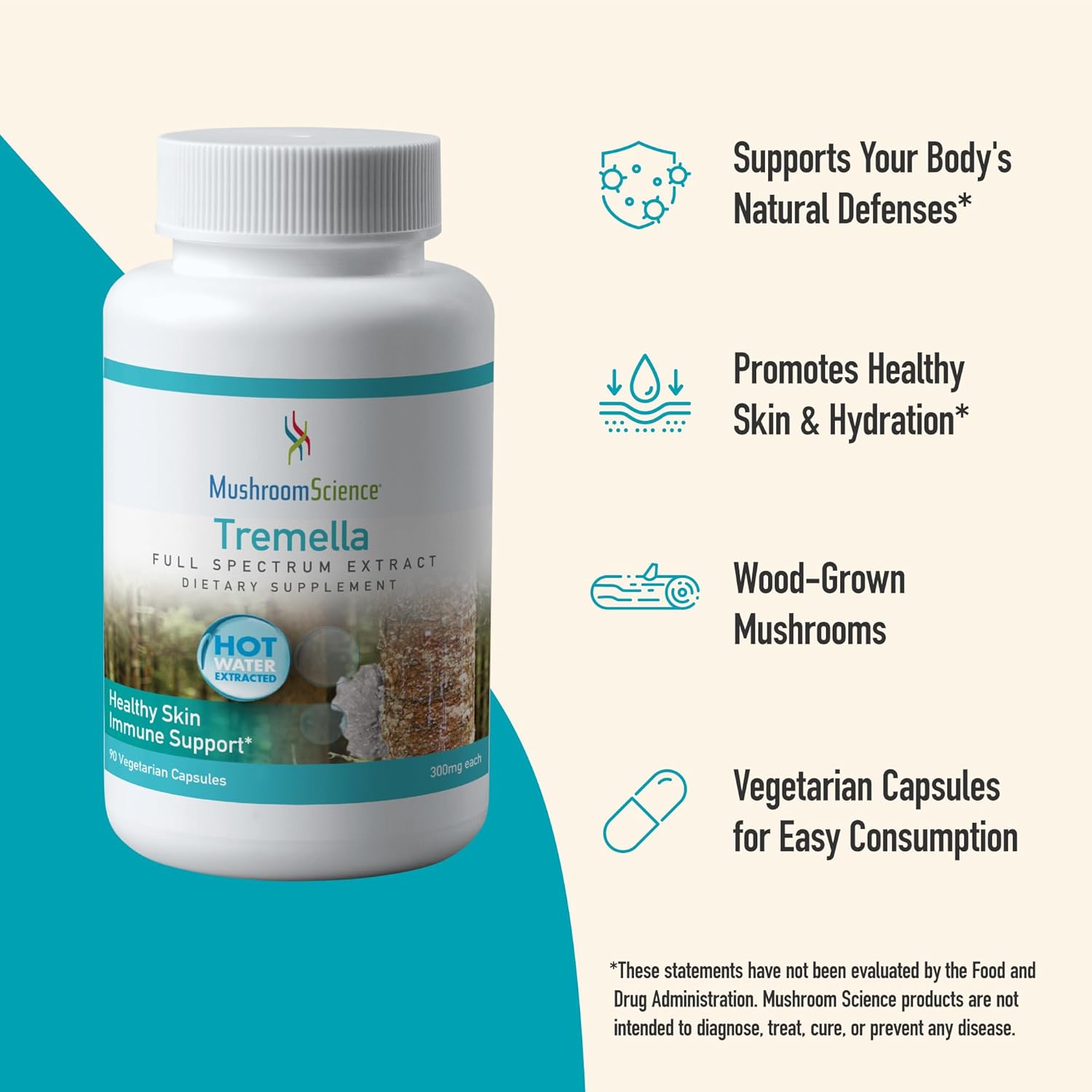 Tremella Mushroom Capsules for Healthy Skin Support - Full Spectrum Extract, Natural Supplement for Adults, Vegetarian, 300MG, 90 Count
