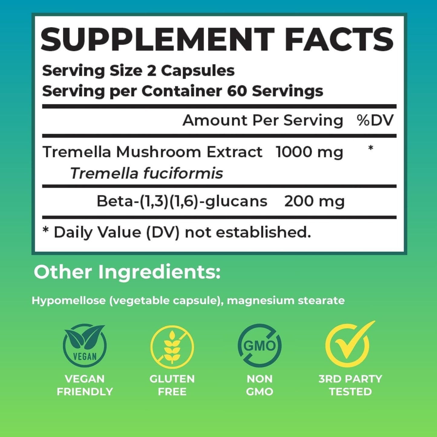Tremella Mushroom Extract Capsules | Vegan Supplement for Skin, Hair, Nails, Joints, Brain Health | Non-GMO Immunity Support