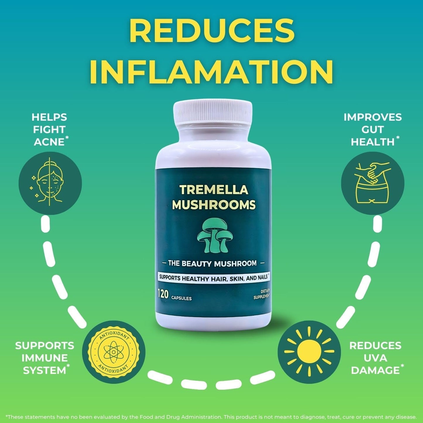 Tremella Mushroom Extract Capsules | Vegan Supplement for Skin, Hair, Nails, Joints, Brain Health | Non-GMO Immunity Support