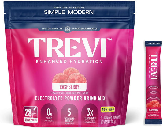 TREVI™ Electrolyte Powder Packets - Raspberry Flavored Hydration Drink Mix with Himalayan Pink Salt, Vitamins, and Trace Minerals - 28 Ct, Sugar Free
