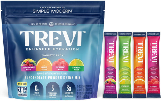 TREVI™ Electrolytes Powder Packets - Natural Hydration Drink Mix with Himalayan Pink Salt and Vitamins - 28 Ct Variety Pack