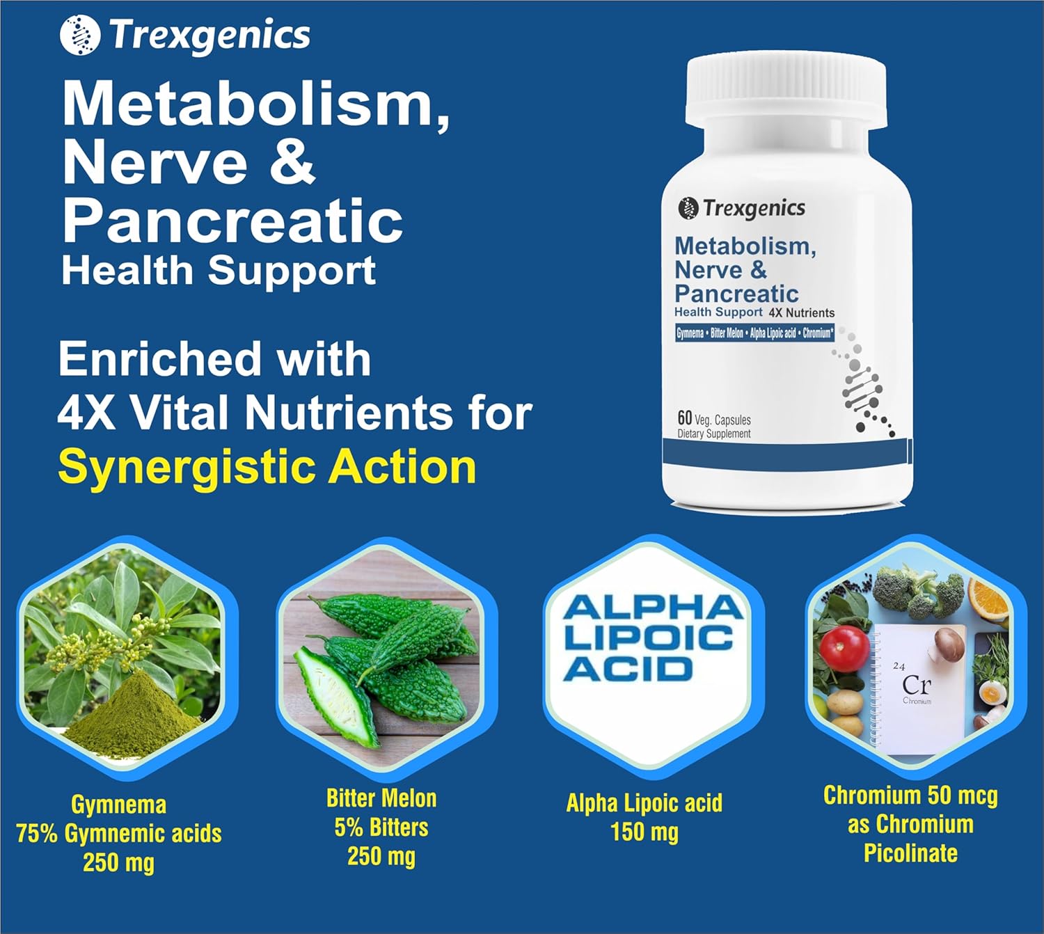 Trexgenics Metabolism Support Capsules with Gymnema, Bitter Melon, Chromium, and Alpha Lipoic Acid - 60 Vegan Capsules