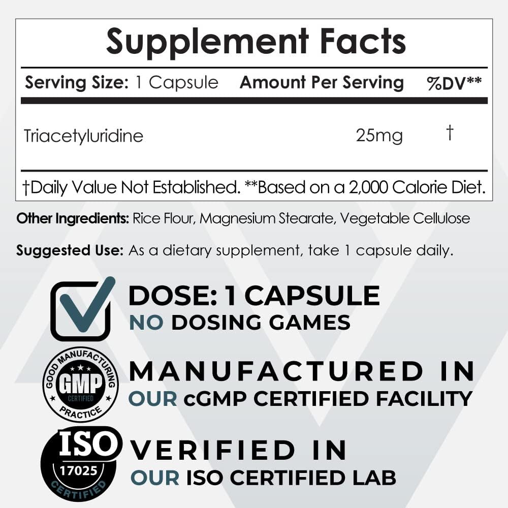 Triacetyluridine Capsules 25mg | Nootropics for Cognitive Health | Supports Well-Being & Stress Levels | 60 Count