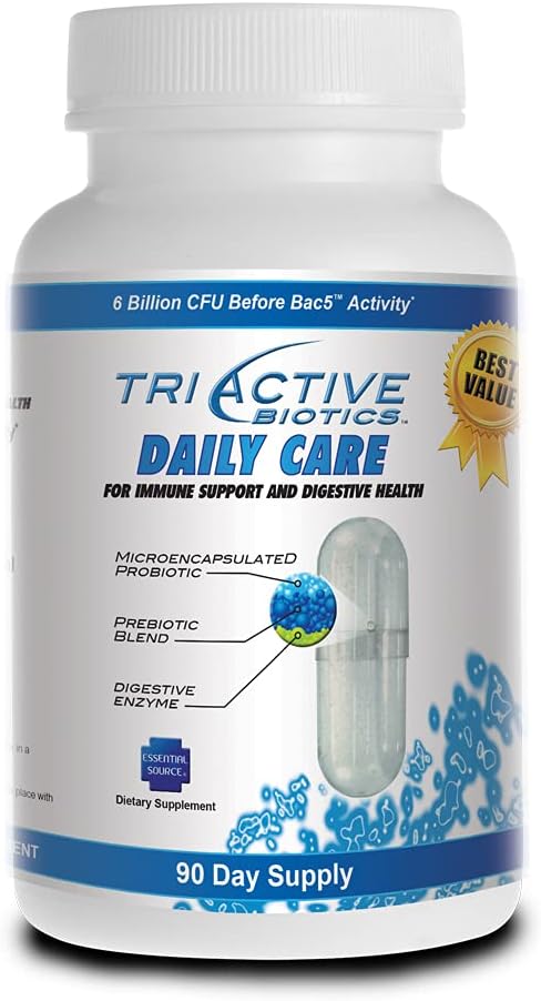 TriActive Biotics Daily Care: Probiotic & Prebiotic Blend with 6 Billion CFU - Digestive Enzymes Supplement - Supports Gut Health & Immune System - 90 Capsules for Men & Women