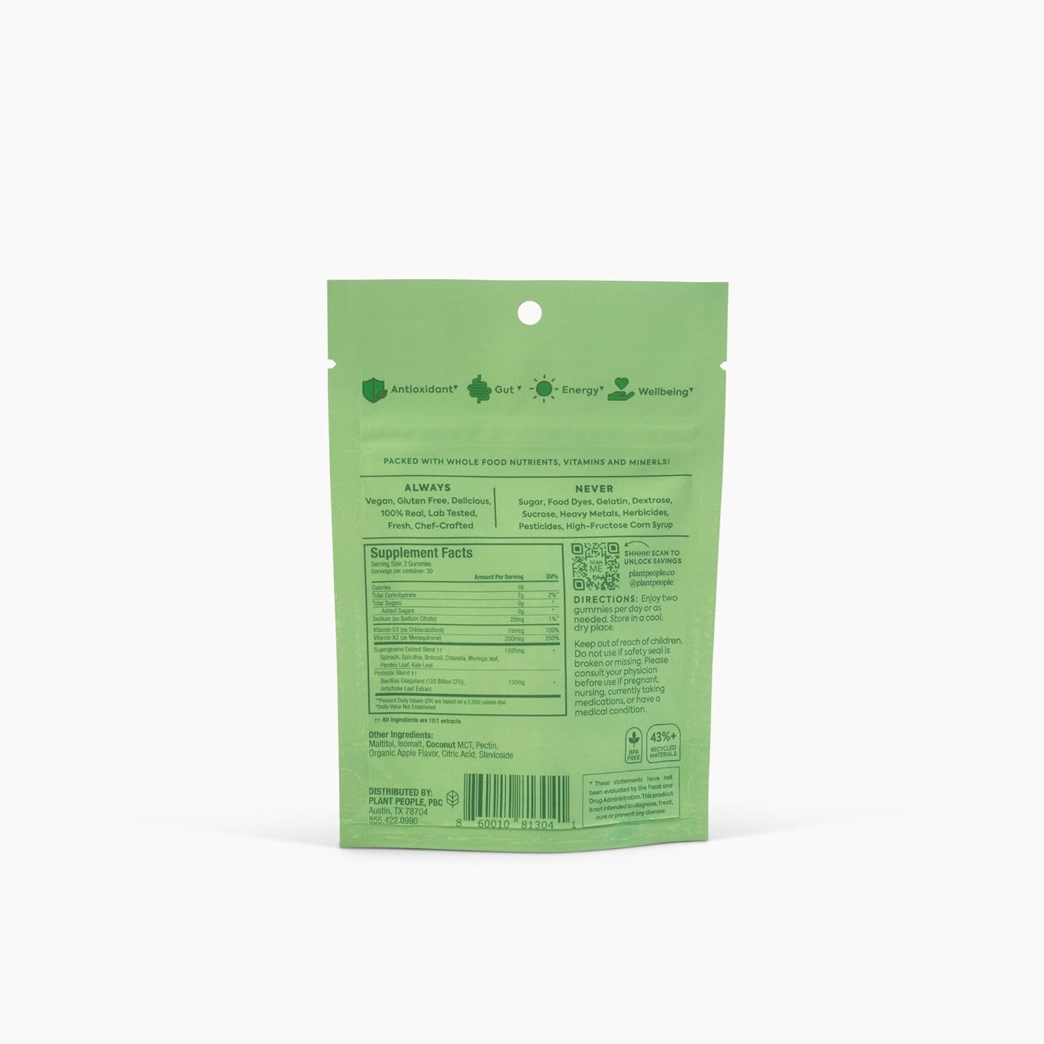 Trial Size Plant People WonderGreens Veggie Gummies with Probiotics for Wellbeing, Energy, Immune & Gut Health