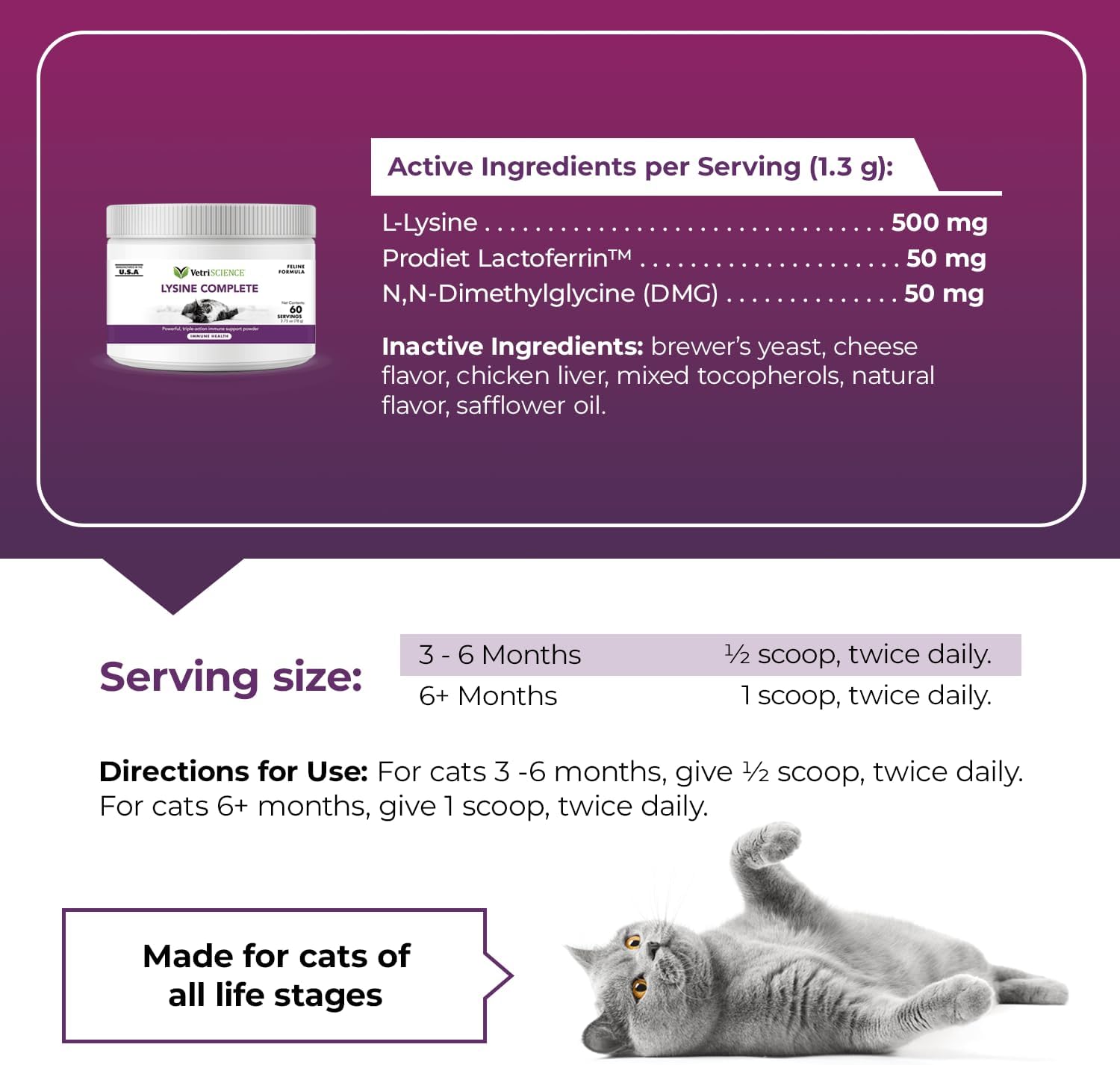 Triple Action Lysine Powder for Cats - Immune & Allergy Support with L-Lysine and DMG