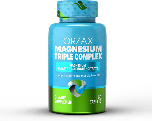 Triple Complex Magnesium Supplement with Magnesium Glycinate, Citrate, Malate | Vegan, Gluten Free, Dairy Free, Halal | 200mg | 60 Tablets for Muscle & Energy Support