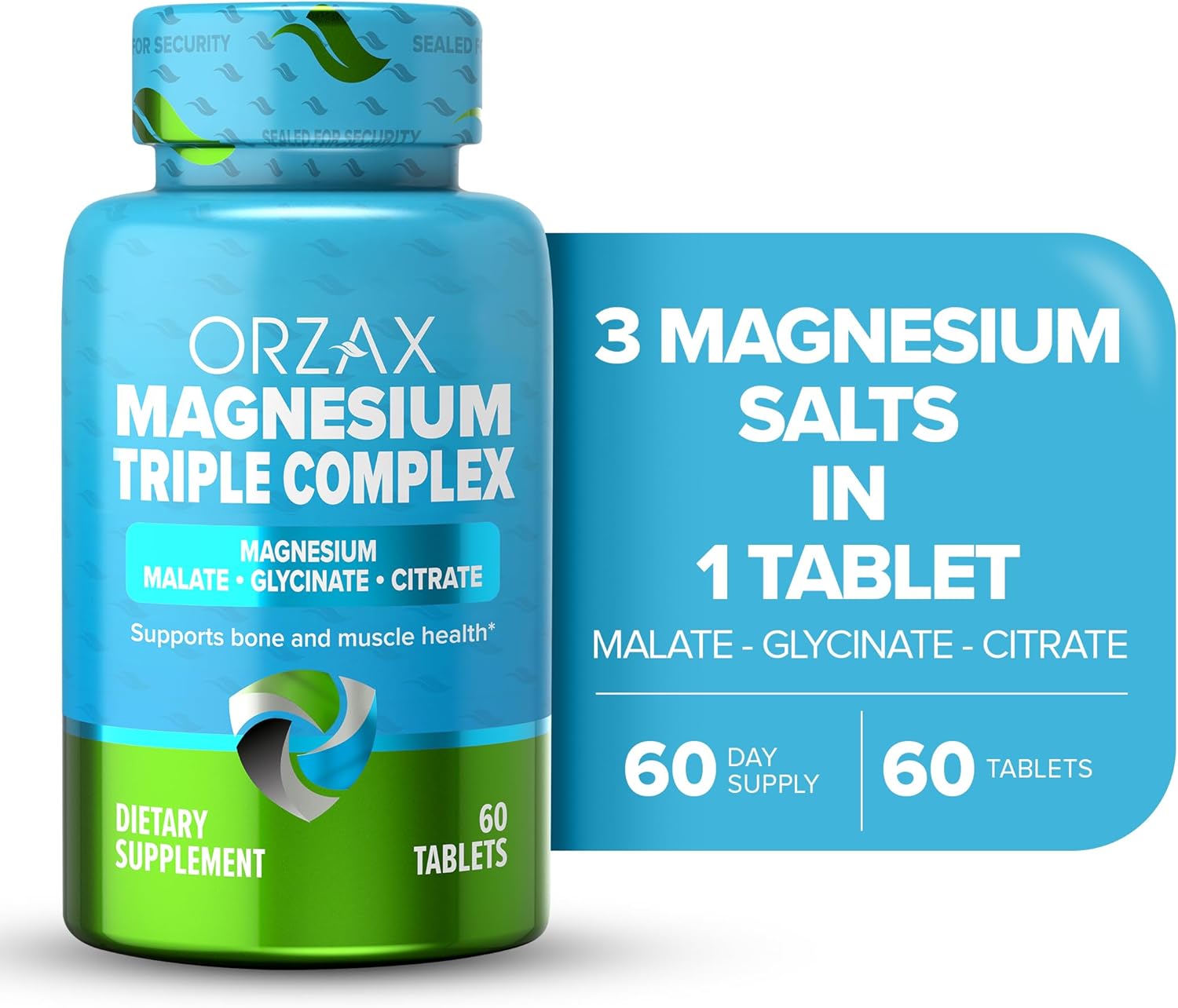 Triple Complex Magnesium Supplement with Magnesium Glycinate, Citrate, Malate | Vegan, Gluten Free, Dairy Free, Halal | 200mg | 60 Tablets for Muscle & Energy Support