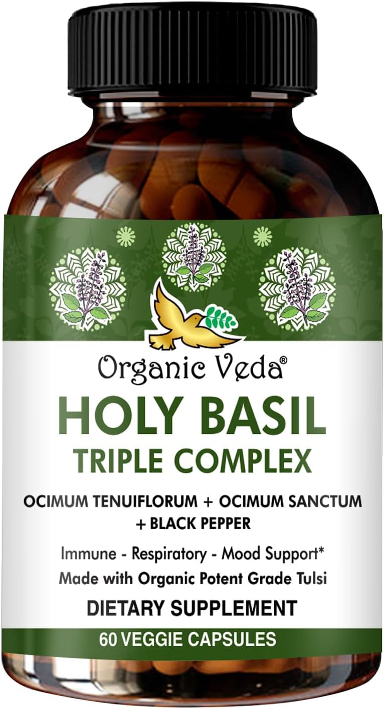 Triple Complex Tulsi Holy Basil Leaf Extract Capsules - Supports Respiratory Health, Immunity, Stress Response & Mood - Organic Veda - Vegan, Gluten-Free - 60 Count