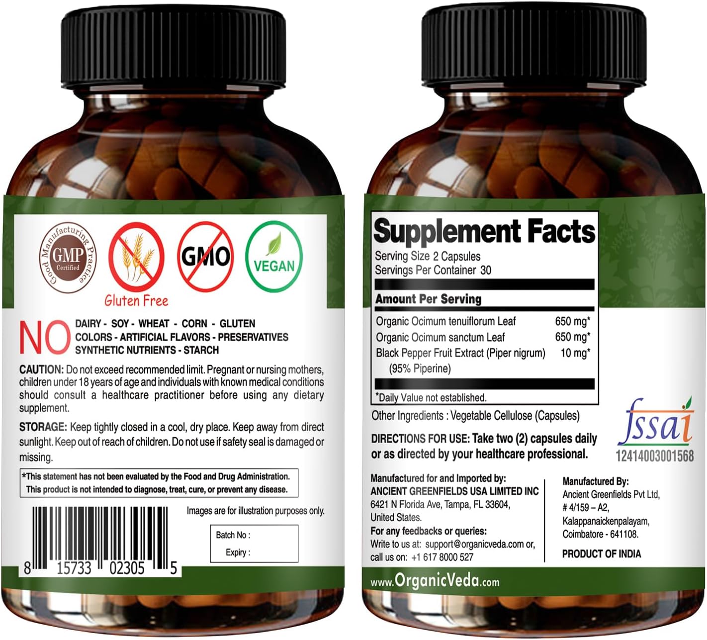 Triple Complex Tulsi Holy Basil Leaf Extract Capsules - Supports Respiratory Health, Immunity, Stress Response & Mood - Organic Veda - Vegan, Gluten-Free - 60 Count