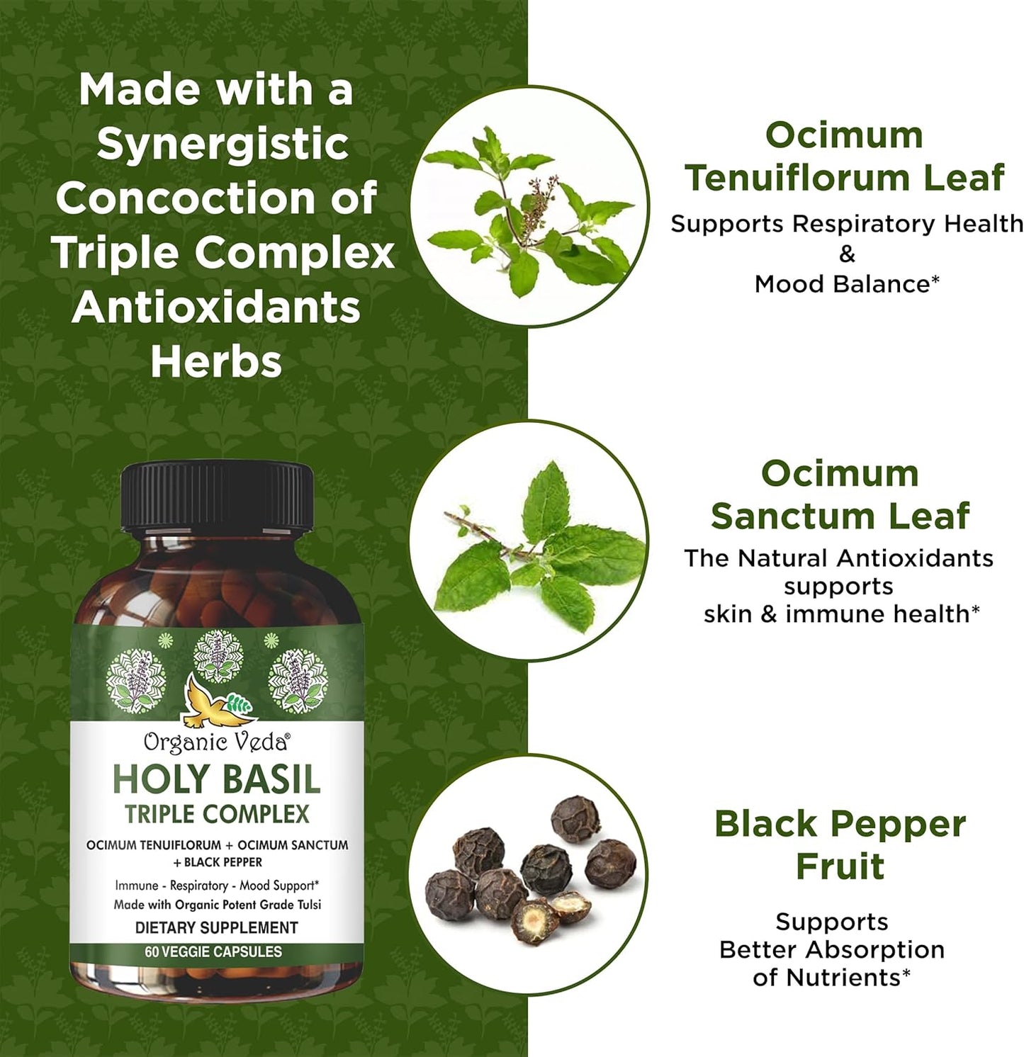 Triple Complex Tulsi Holy Basil Leaf Extract Capsules - Supports Respiratory Health, Immunity, Stress Response & Mood - Organic Veda - Vegan, Gluten-Free - 60 Count